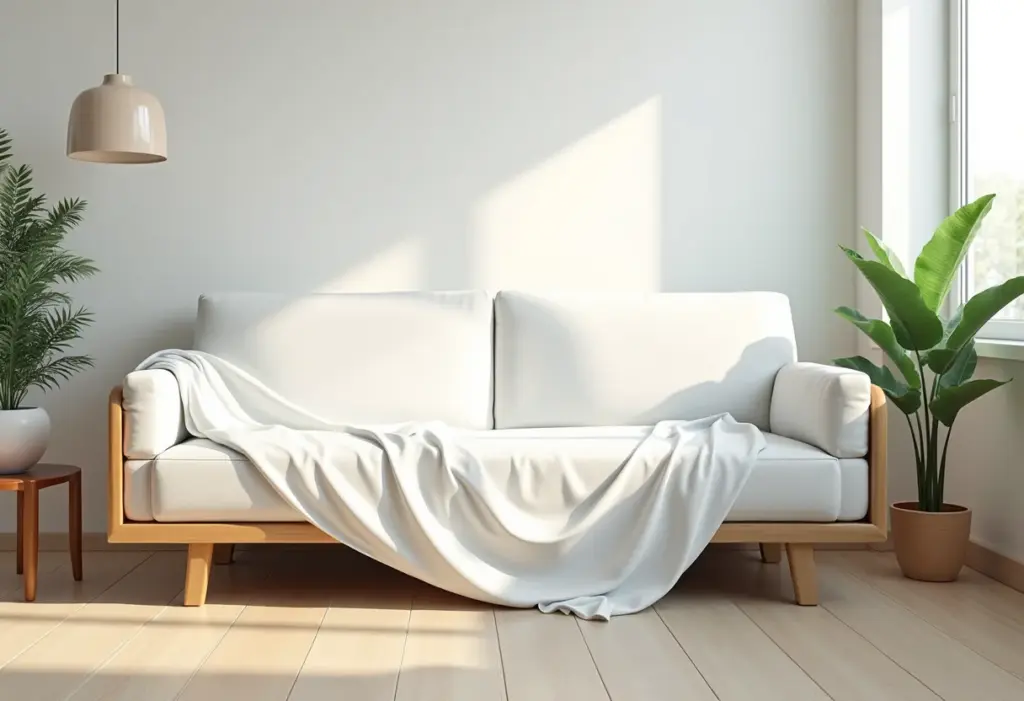 Como limpar o sofá: Guia completo para cada tipo de tecido Sala de estar iluminada com sofá sendo limpo