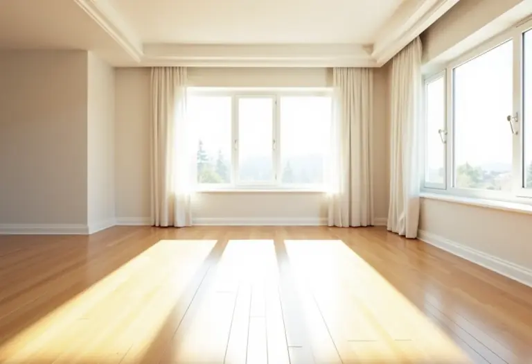 Sala de estar minimalista com piso laminado recém-instalado