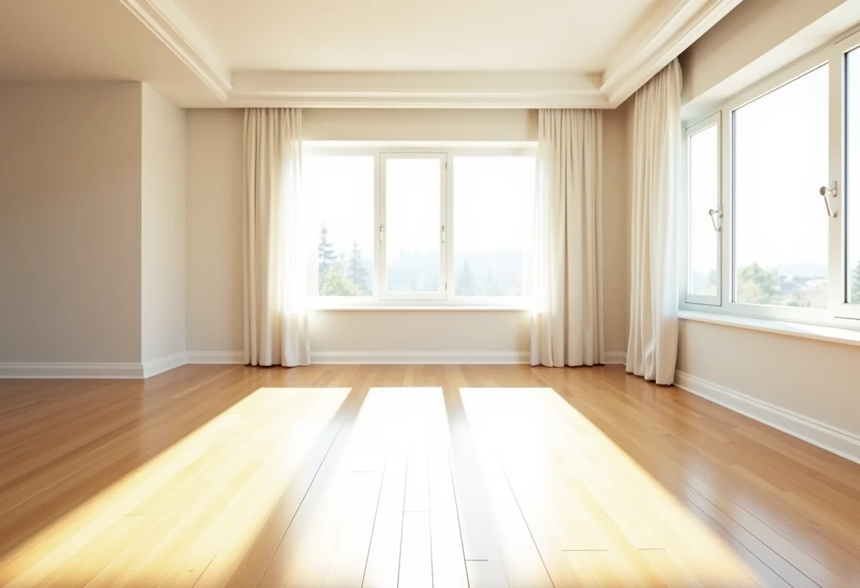 Sala de estar minimalista com piso laminado recém-instalado