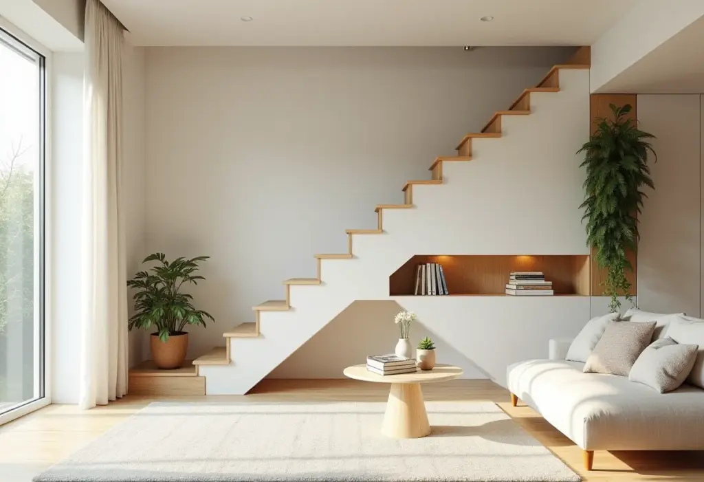 Sala de estar moderna com escada integrada e design otimizado.