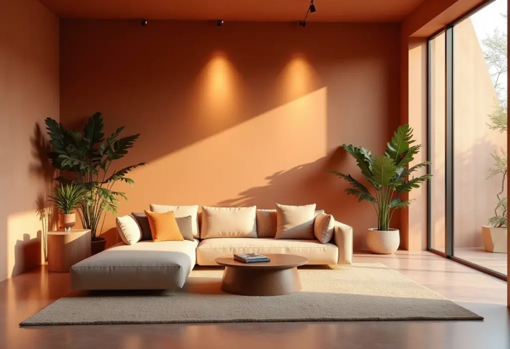 Sala de estar moderna com iluminação aconchegante de spots de luz.