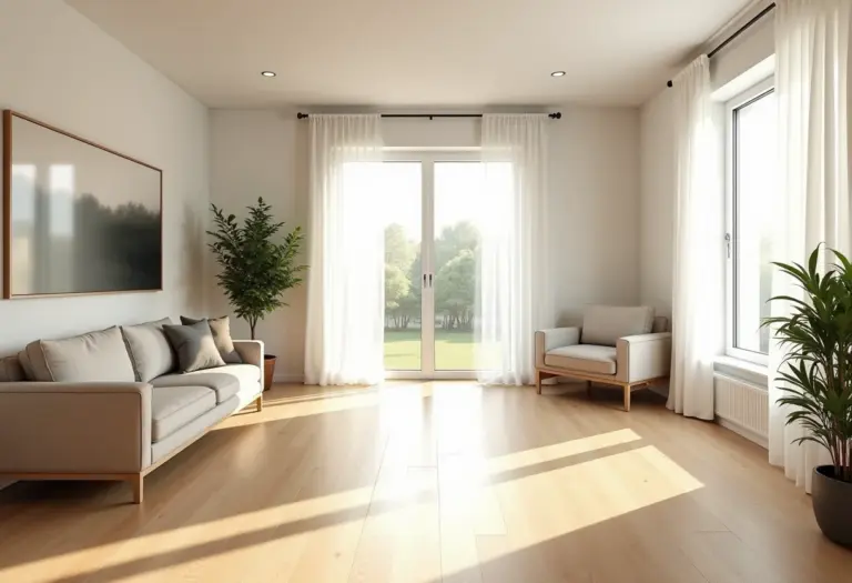 Sala de estar moderna com piso laminado claro