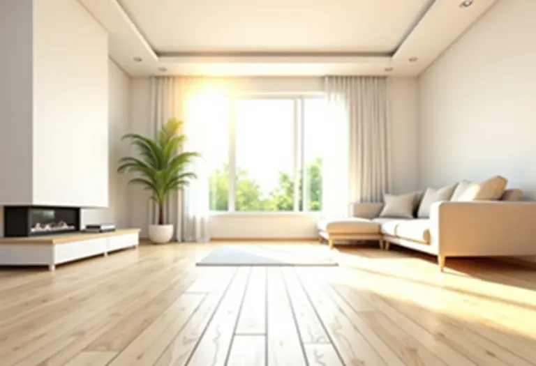 Sala de estar moderna com piso laminado claro