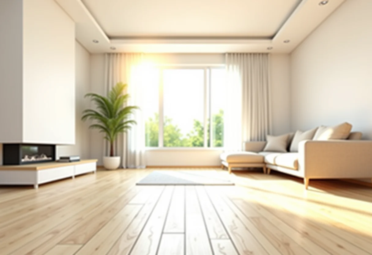 Sala de estar moderna com piso laminado claro