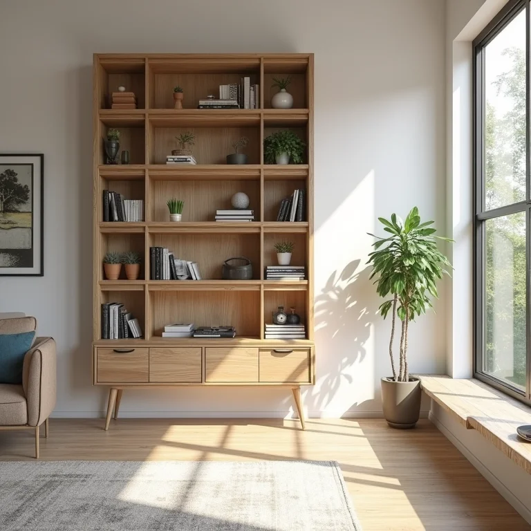 Sala de estar organizada com rack com nichos e prateleiras
