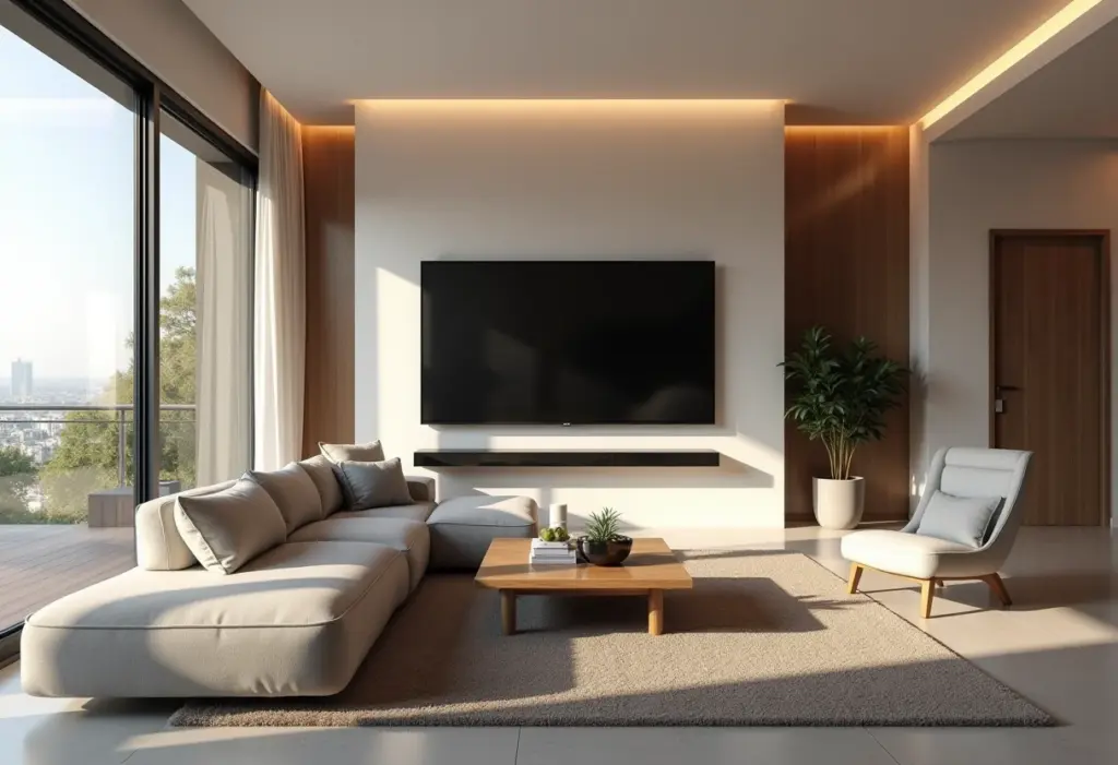 Sala de TV moderna com sofá confortável e iluminação suave