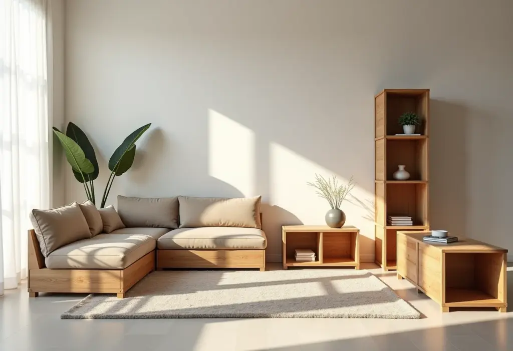 Sala decorada com móveis de caixotes de feira.