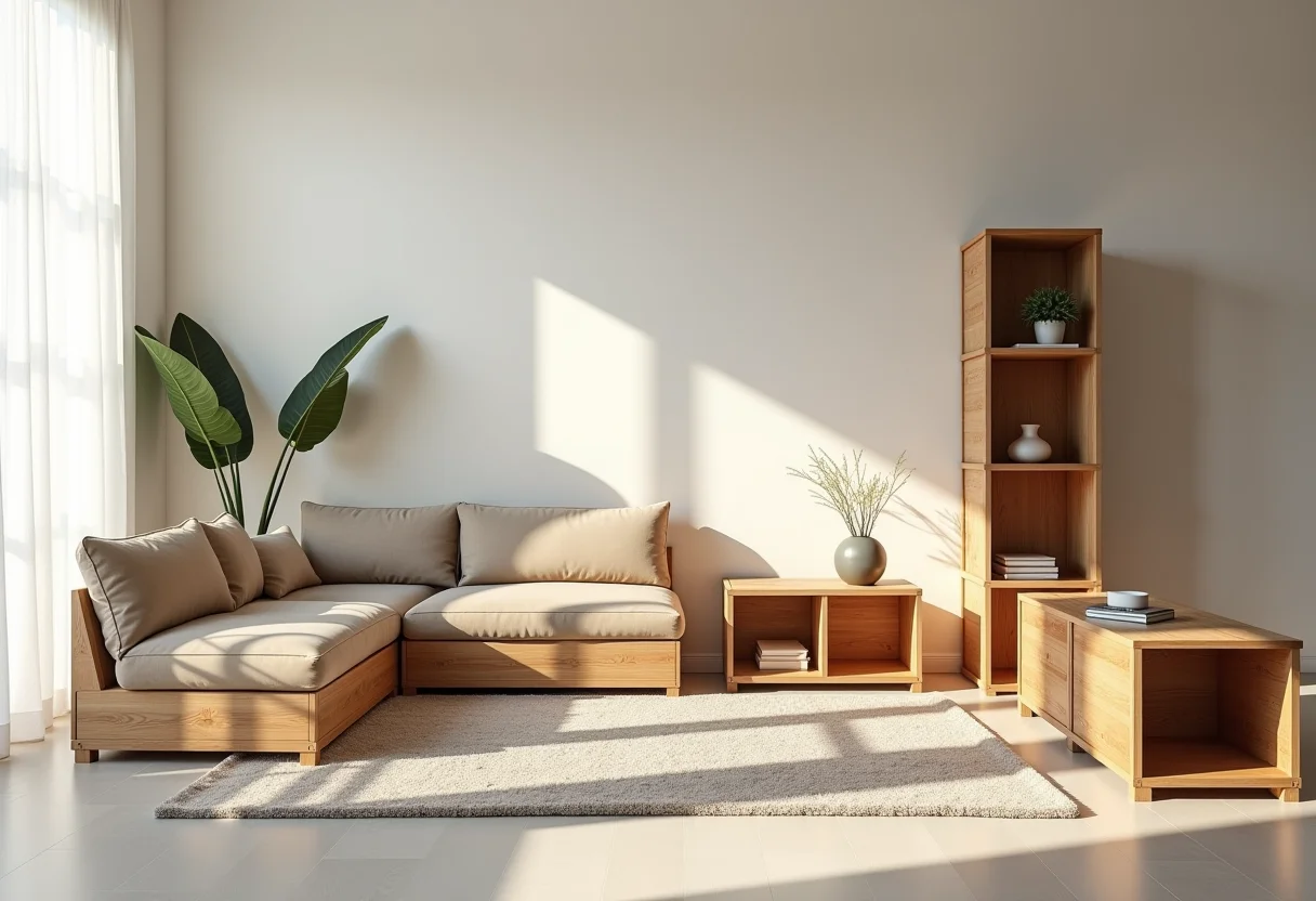 Sala decorada com móveis de caixotes de feira.