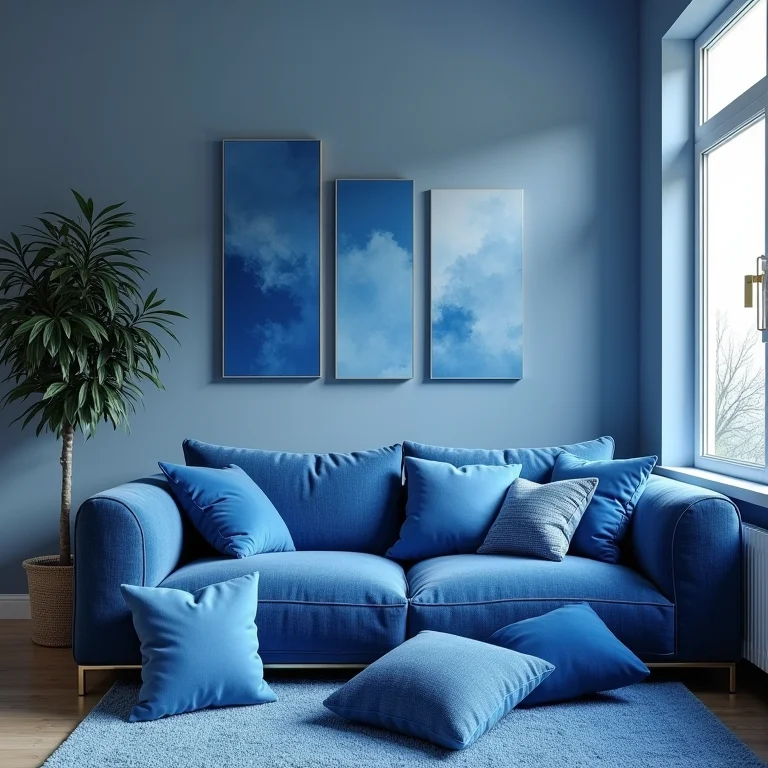 Sala decorada em excesso com muitos objetos azuis.