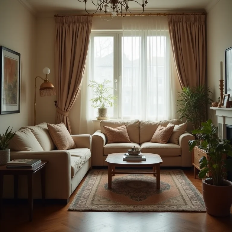 Sala pequena com móveis desproporcionais, causando sensação de aperto.