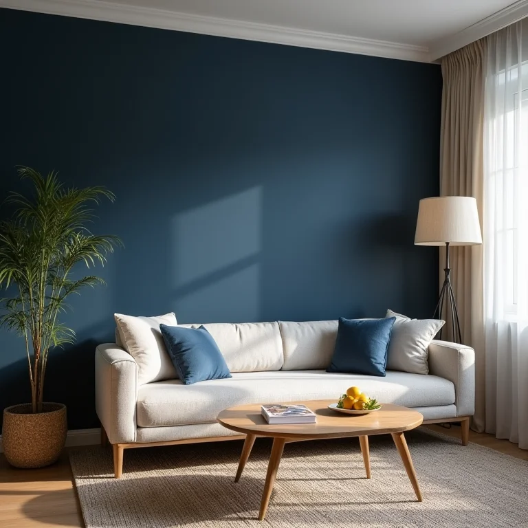 Sala pequena com parede escura e iluminação estratégica