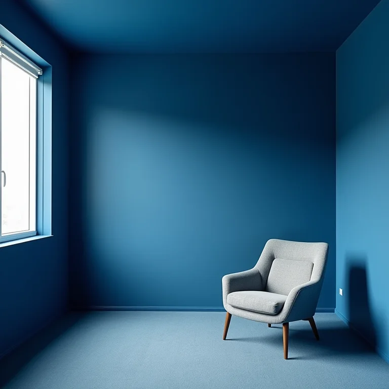 Sala pequena com tom de azul escuro que a faz parecer menor.