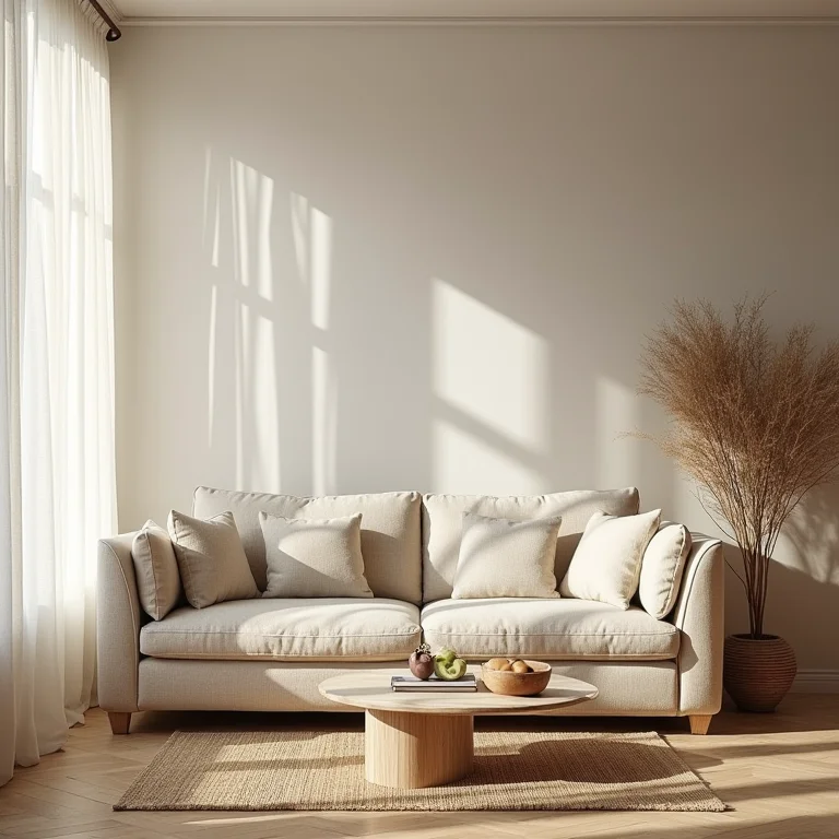 Sala pequena com tons neutros e texturas