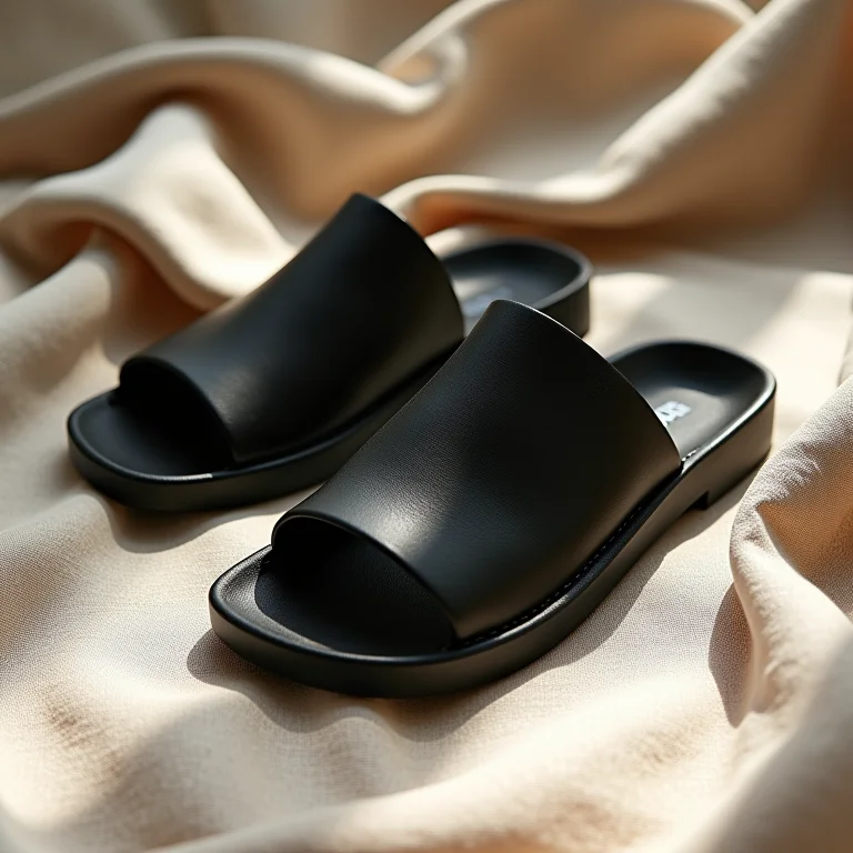 Sandália papete preta em fundo de linho texturizado