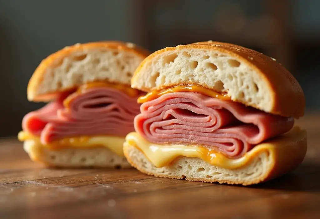 Sanduíche de Mortadela do Mercadão: Segredos do sabor original Sanduíche de Mortadela do Mercadão de São Paulo cortado ao meio.