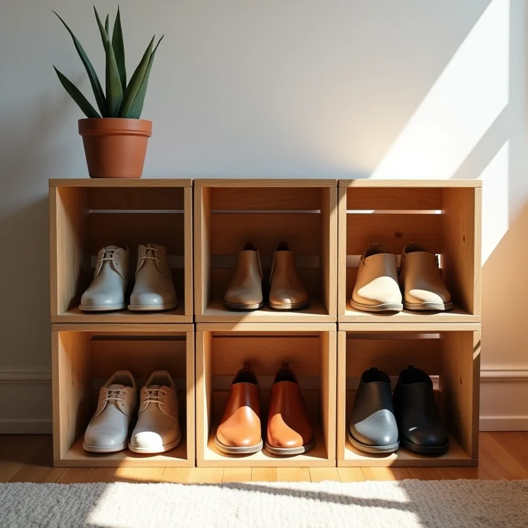 Sapateira prática e organizada feita com caixotes de feira.