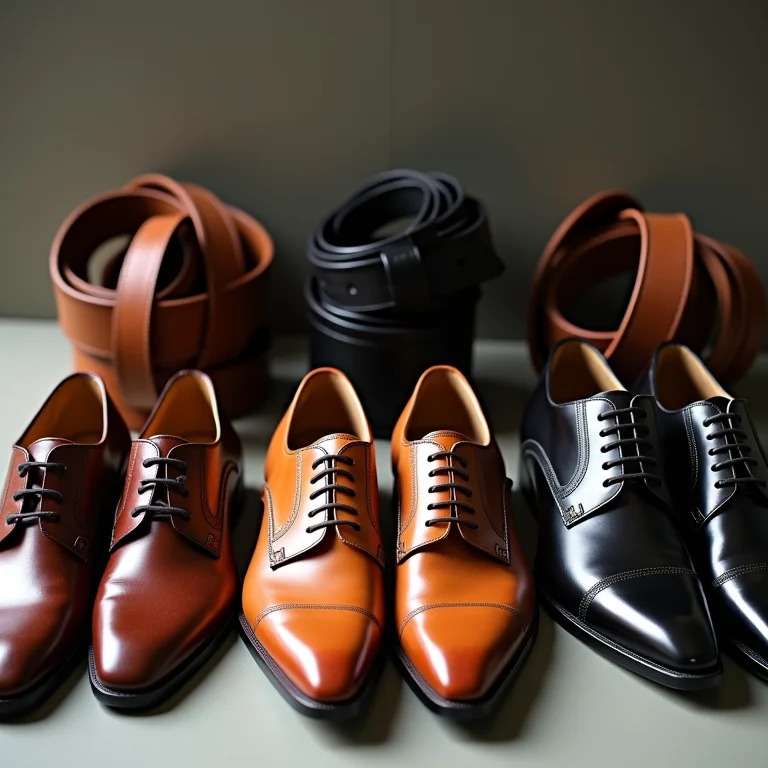 Sapatos e cintos masculinos combinados por cor