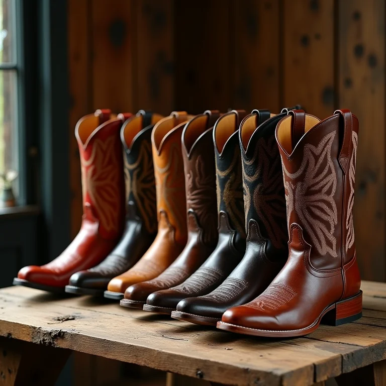 Seleção de botas de cowboy de marcas brasileiras em mesa de madeira rústica