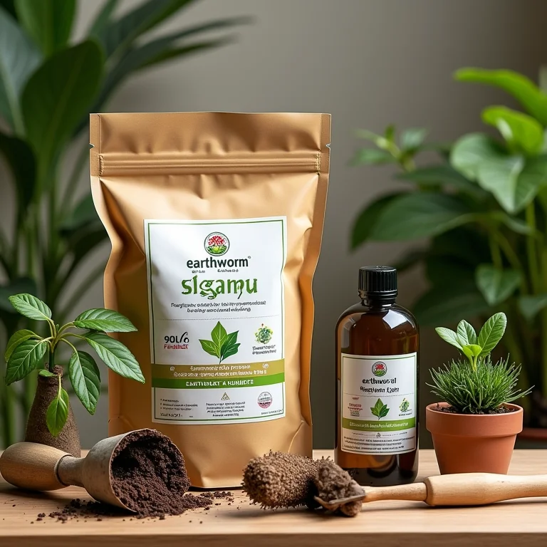 Seleção de produtos de jardinagem: húmus de minhoca, óleo de neem e fertilizante