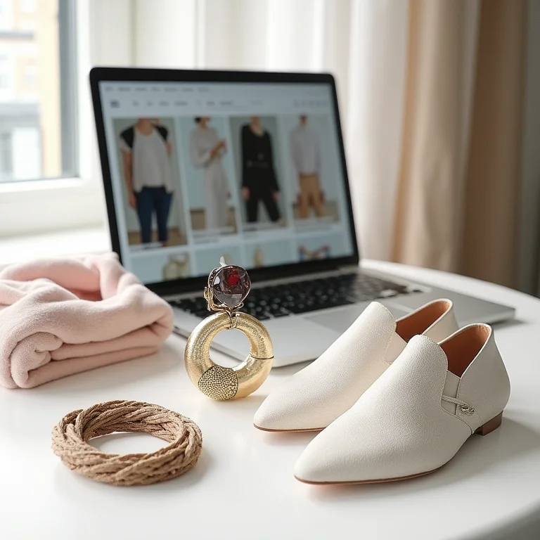 Seleção de roupas e acessórios para compras online.