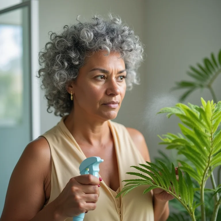 Senhora borrifando água em samambaia