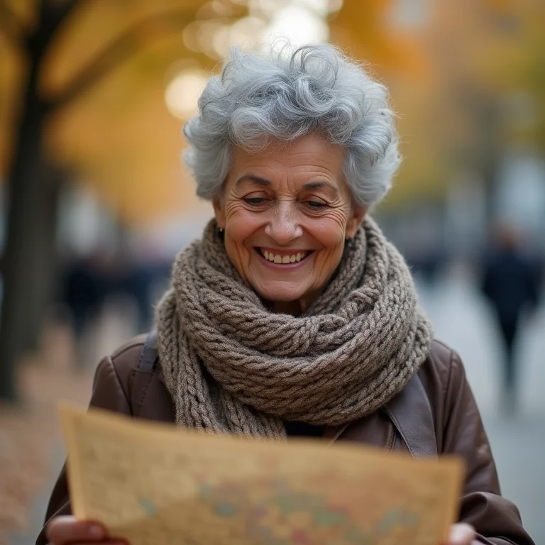 Senhora brasileira consultando mapa em São Petersburgo no outono.