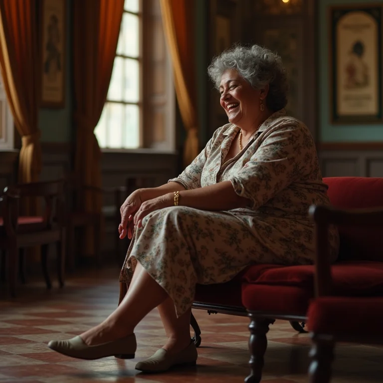 Senhora confortável e sorrindo em um teatro.