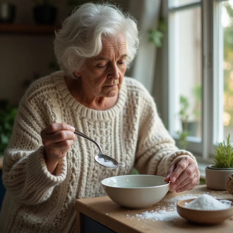 Senhora de cabelos brancos limpando joia de prata com água fervente, sal e bicarbonato