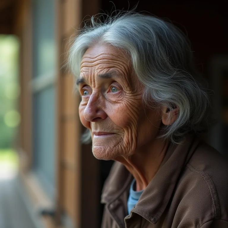 Senhora negra de idade avançada sentada em varanda de madeira.