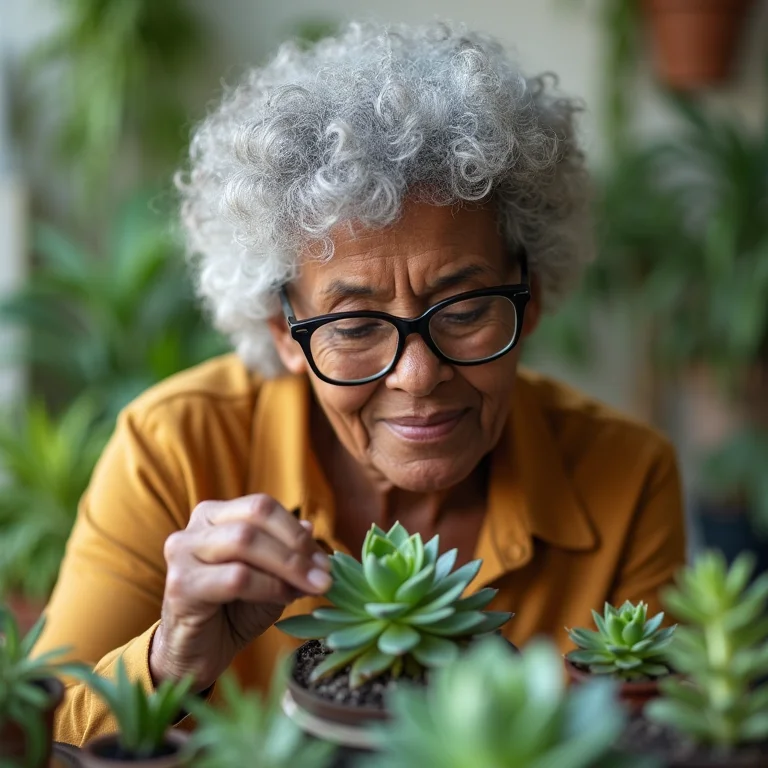 Senhora negra examinando suculentas em busca de pragas.