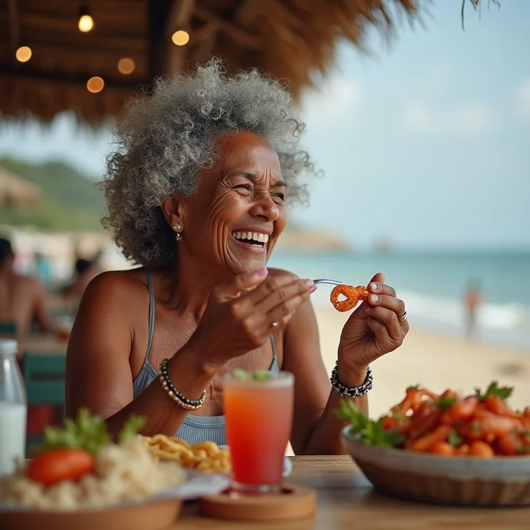 Senhora negra se deliciando com frutos do mar frescos na Praia da Cueira, Boipeba.