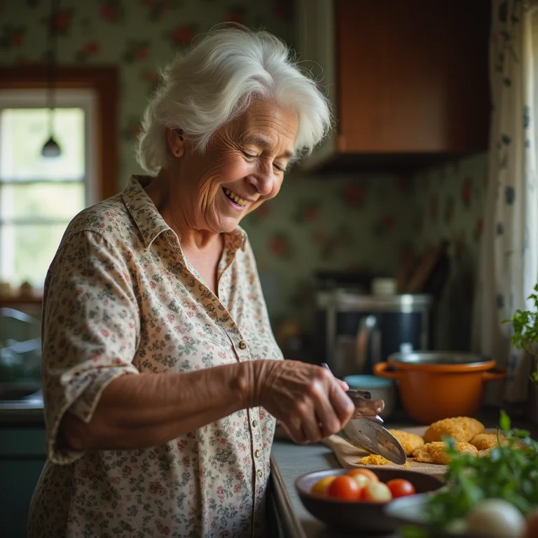 Senhora parda sorrindo em cozinha decorada com papel de parede floral.