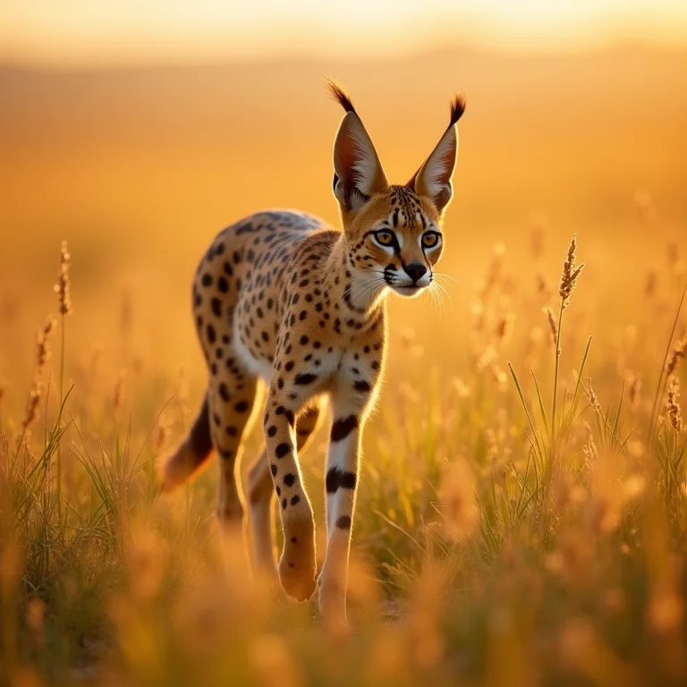 Serval com pernas longas na savana