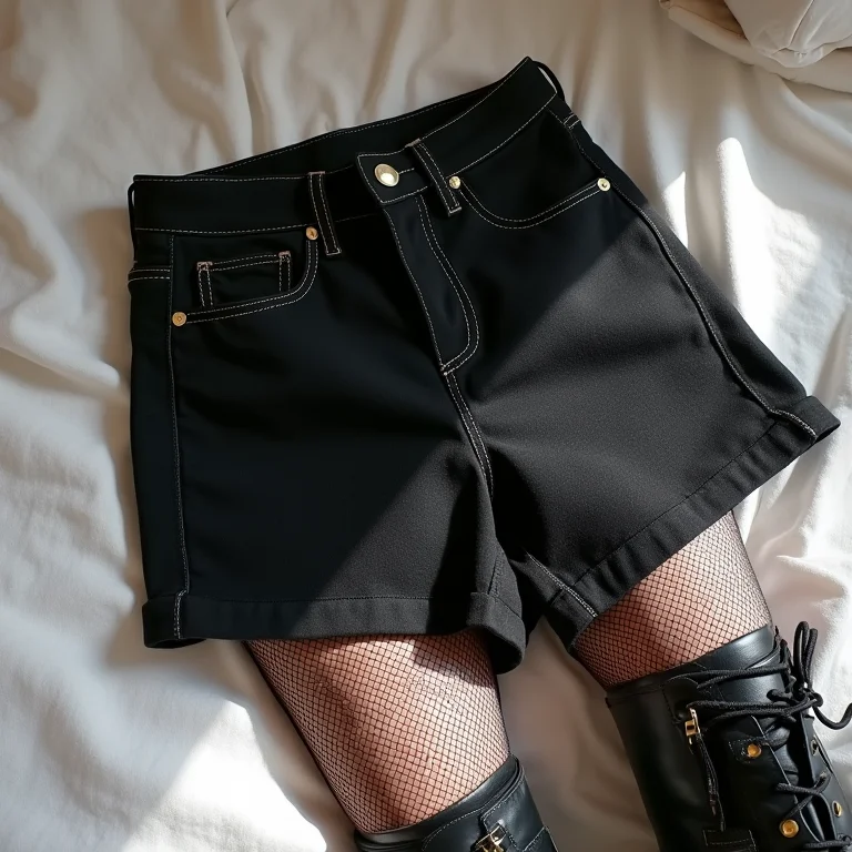 Shorts jeans com meia arrastão e coturno.