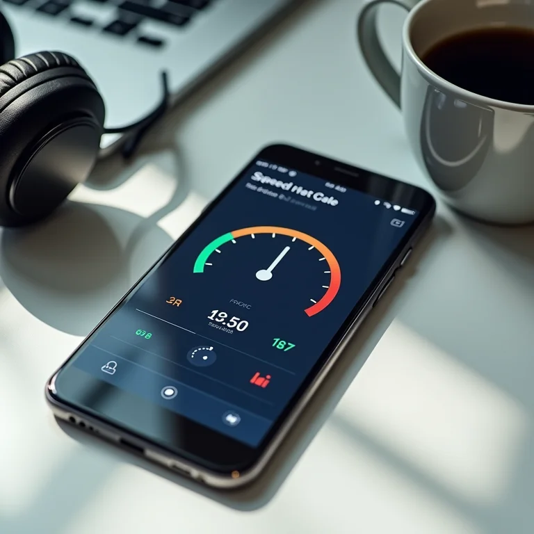 Smartphone mostrando app de teste de conexão com fones de ouvido e café
