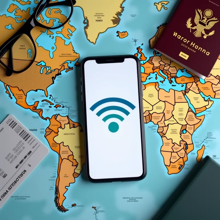 Smartphone mostrando sinal Wi-Fi forte cercado por acessórios de viagem