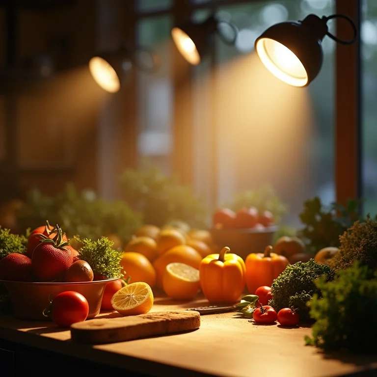 Spots de luz iluminando bancada de cozinha com alimentos frescos.