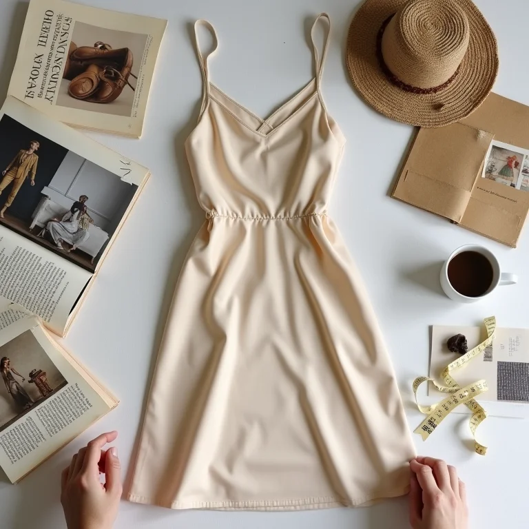 Still life de um vestido slip com livros e acessórios de moda.