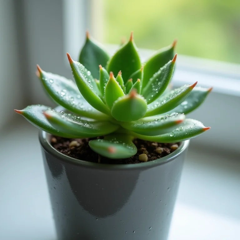 Suculenta com excesso de água e gotas nas folhas.
