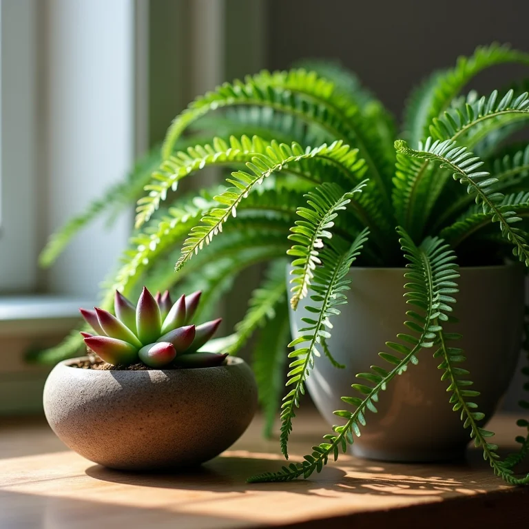 Suculenta murcha ao lado de samambaia vibrante