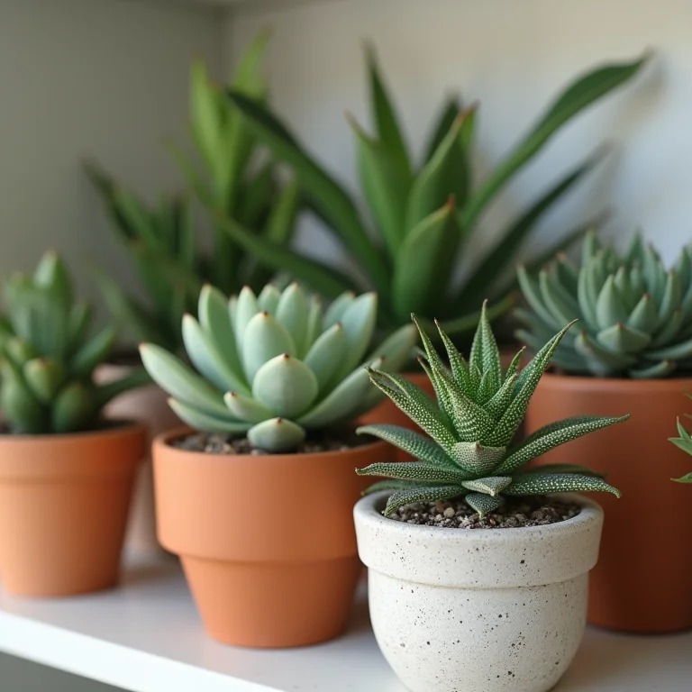 Suculentas plantadas em vasos diversos.