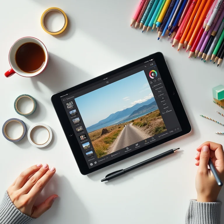 Tablet mostrando aplicativos de edição de fotos em uma mesa.