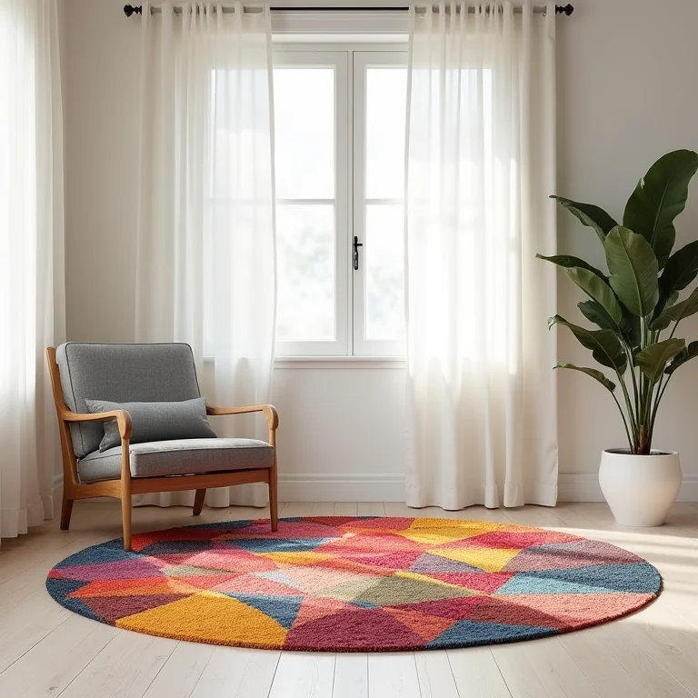 Tapete redondo colorido em sala minimalista.