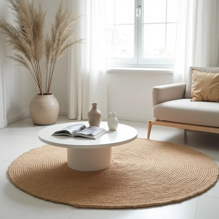 Tapete redondo de juta sob mesa de centro.