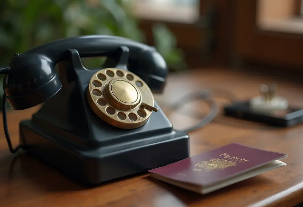 Ligar a cobrar do exterior: o guia completo e atualizado Telefone antigo com adaptador e passaporte, simbolizando chamadas internacionais a cobrar.