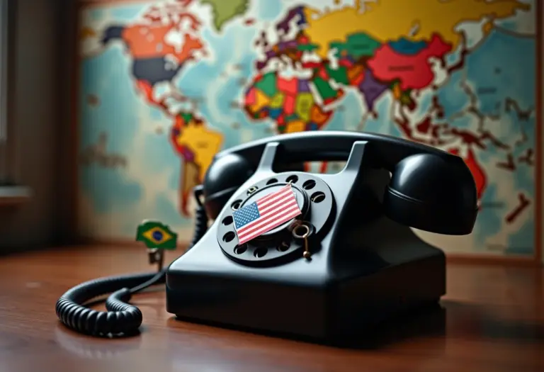 Telefone antigo com adesivo da bandeira americana e pin da bandeira brasileira.