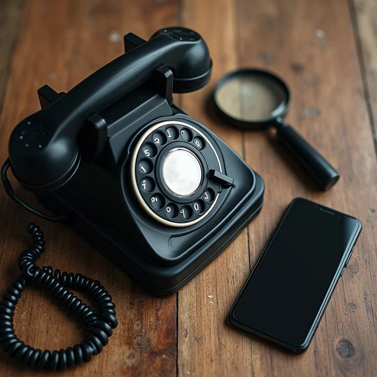 Telefone antigo e smartphone com lupa, representando a evolução dos golpes.