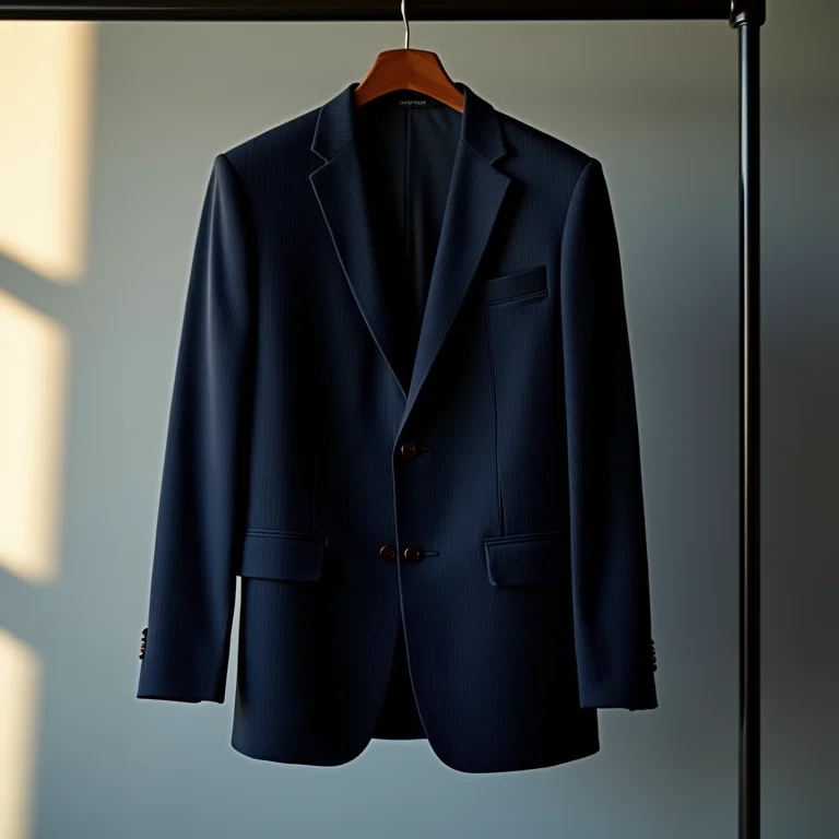 Terno azul com risca de giz pendurado em um cabide