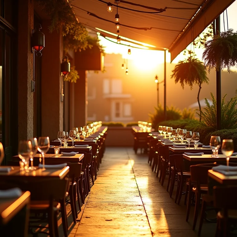 Terraço de restaurante ao ar livre durante a hora dourada
