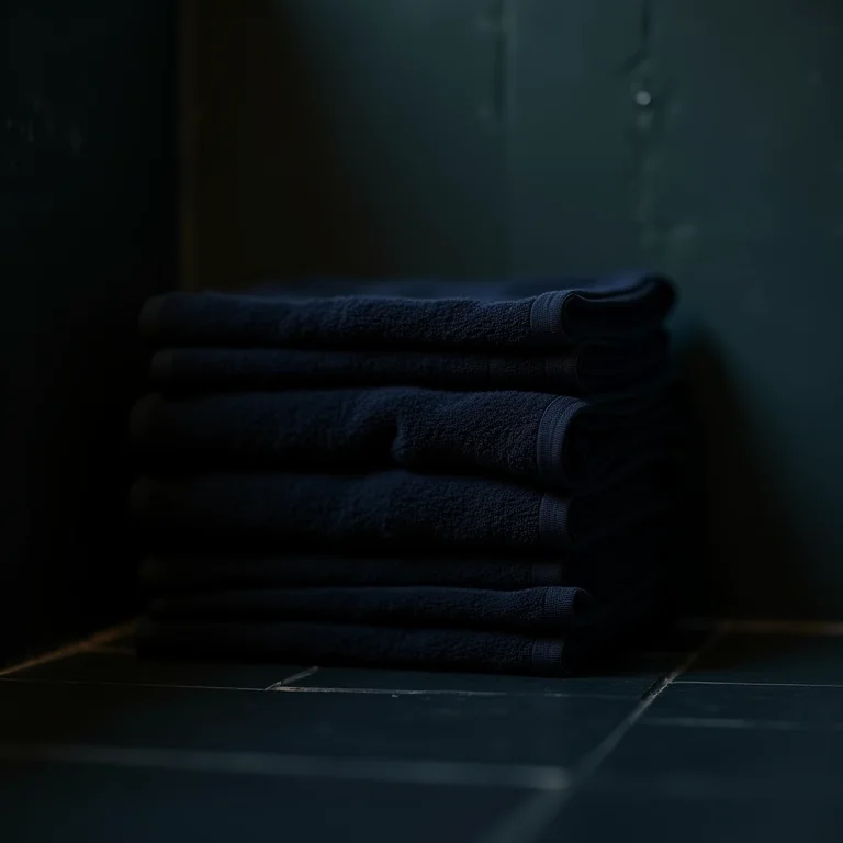 Toalhas escuras em um banheiro pequeno, dando a sensação de espaço reduzido